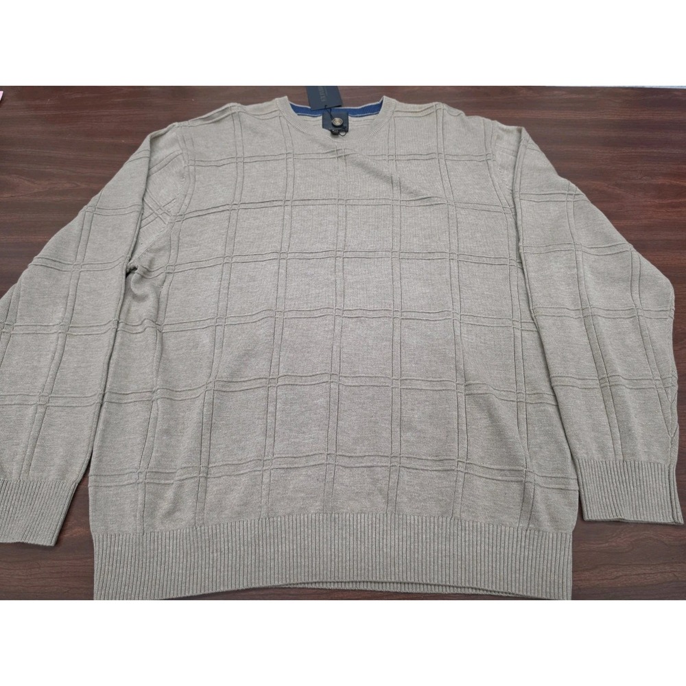 FX Fushion Sweater Mens XL Beige Grid Knit Textured Crewneck Cotton Blend NWT